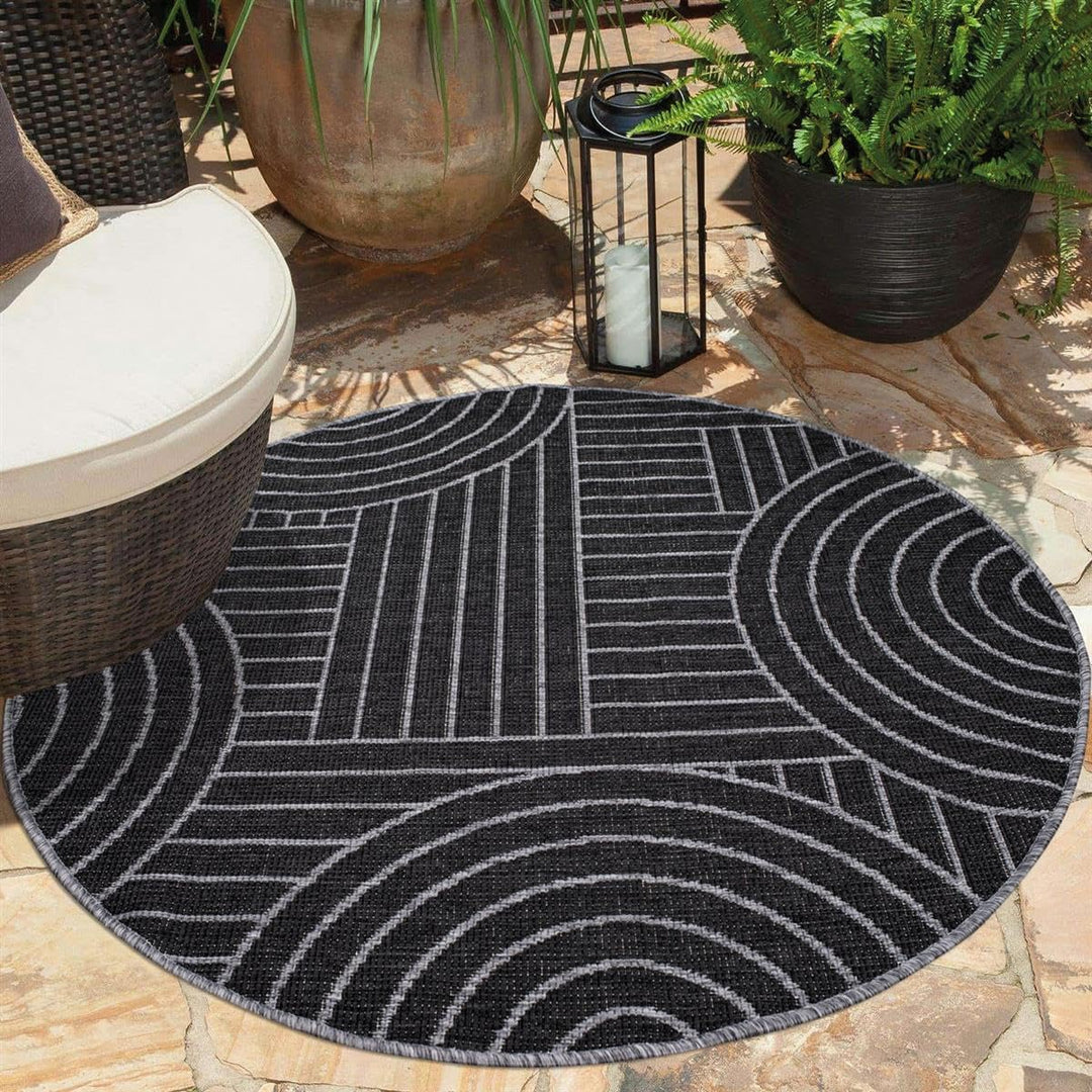 carpet city Outdoor Teppich Wetterfest 120 cm Rund - Grau-Anthrazit - Wendeteppich, Beidseitiges Geo
