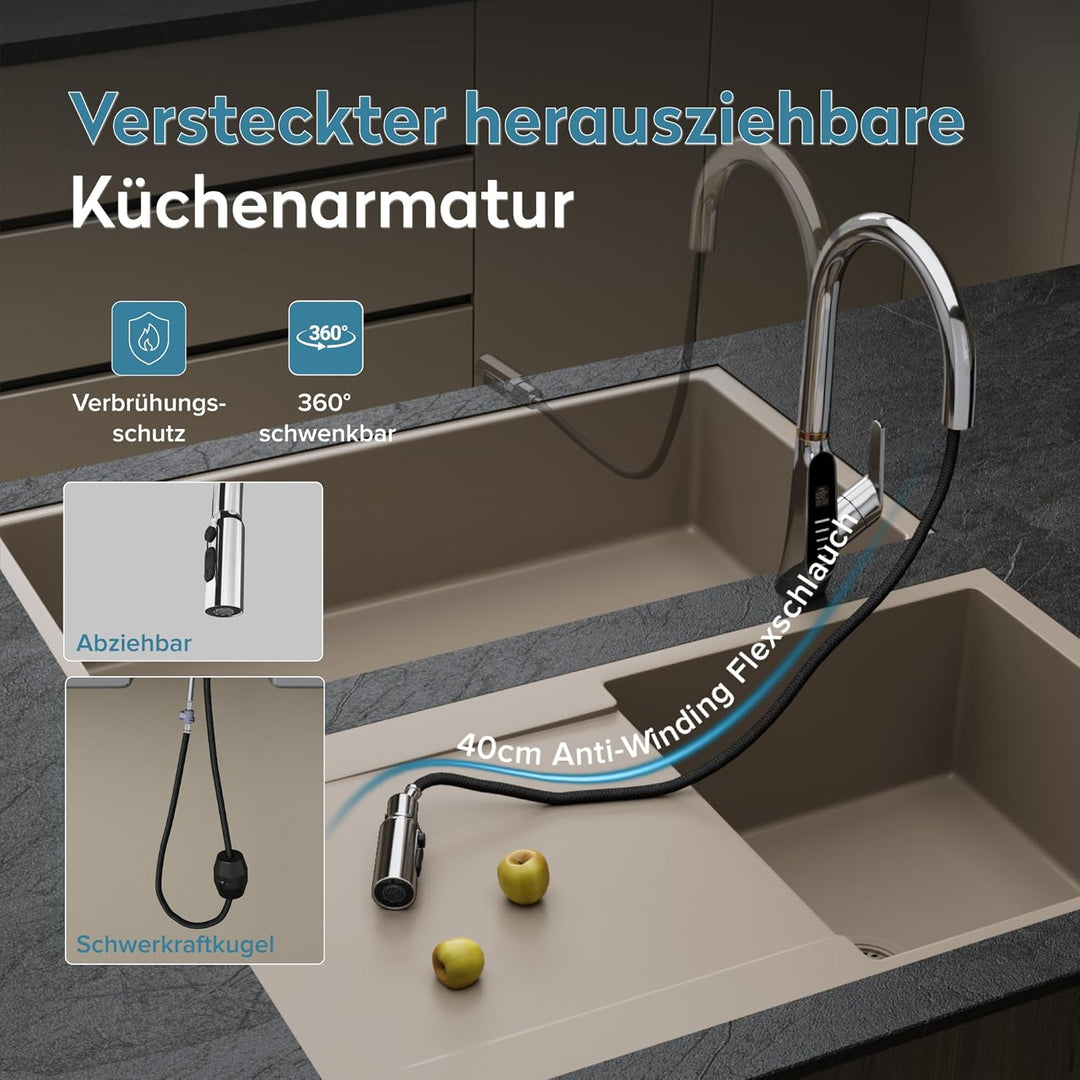 doporro Wasserhahn Küche Silber mit LED Temperaturanzeige, Küchenarmatur Ausziehbar, Hochdruck Misch