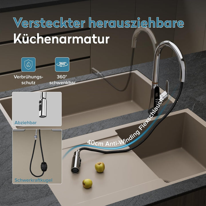 doporro Wasserhahn Küche Silber mit LED Temperaturanzeige, Küchenarmatur Ausziehbar, Hochdruck Misch