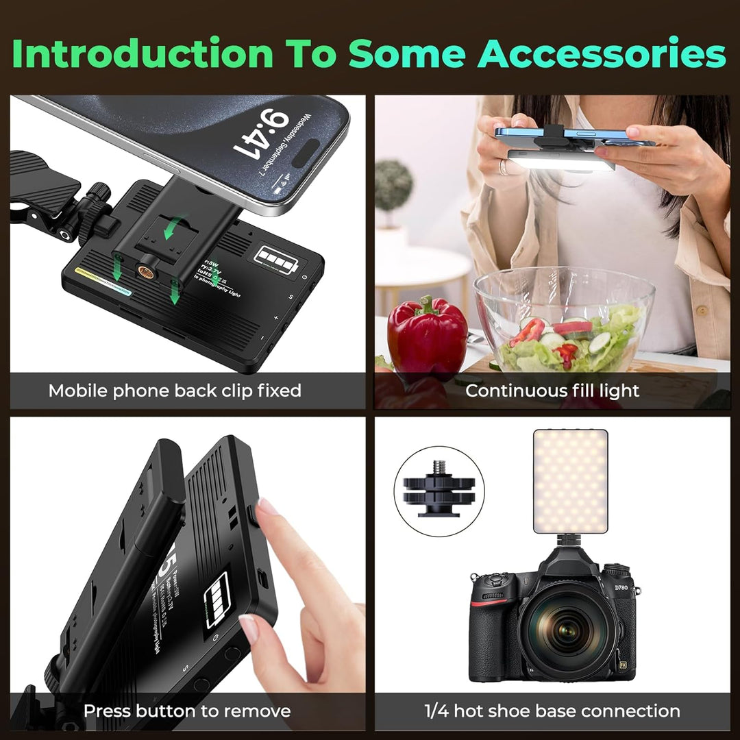 ETENTOUS Selfie Licht mit Clip, 80 LED Videolicht Dimmbare 3000K-9900K Handylicht, Eingebauten Recha