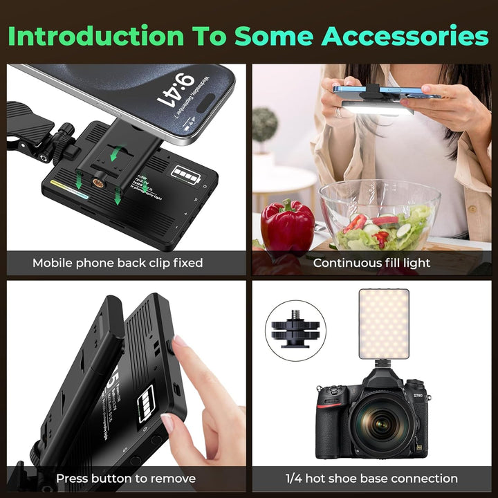 ETENTOUS Selfie Licht mit Clip, 80 LED Videolicht Dimmbare 3000K-9900K Handylicht, Eingebauten Recha