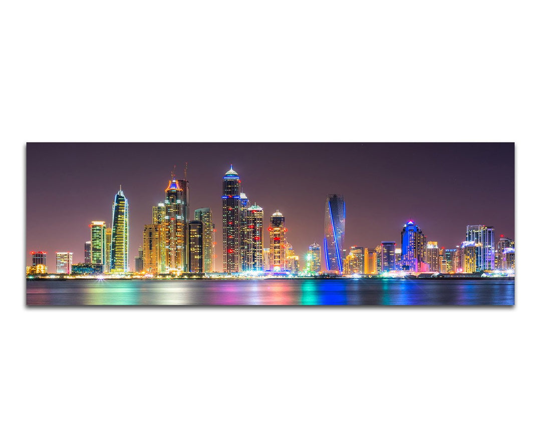 Paul Sinus Art Panoramabild auf Leinwand und Keilrahmen 150x50cm Dubai Skyline Wasser Nacht Lichter