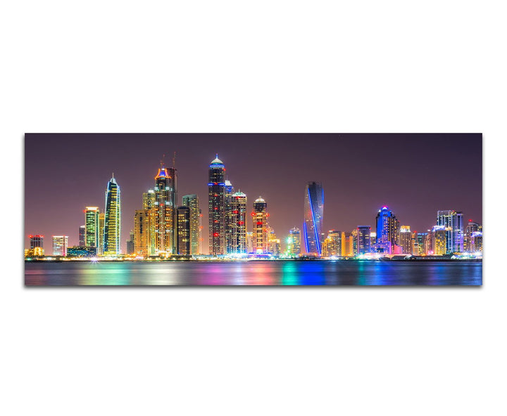 Paul Sinus Art Panoramabild auf Leinwand und Keilrahmen 150x50cm Dubai Skyline Wasser Nacht Lichter
