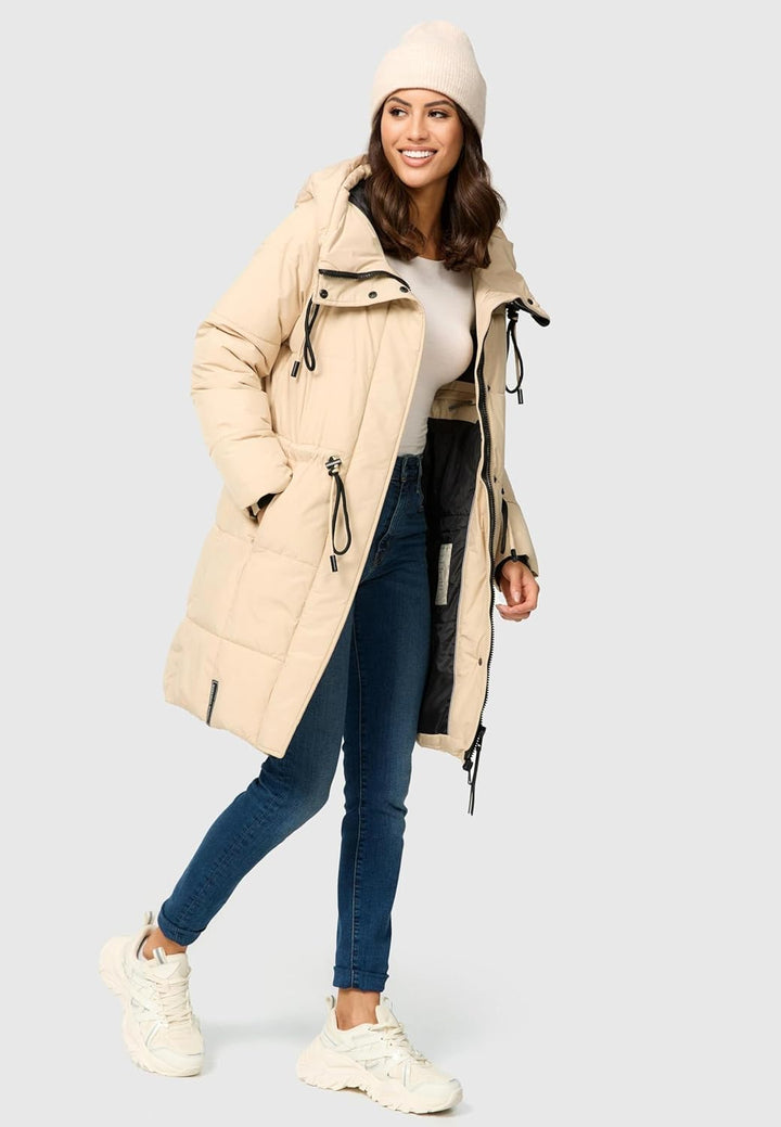 Navahoo Damen Wintermantel kurzer Steppmantel mit Kapuze Zuckertatze XIV XS-XXL S Beige, S Beige