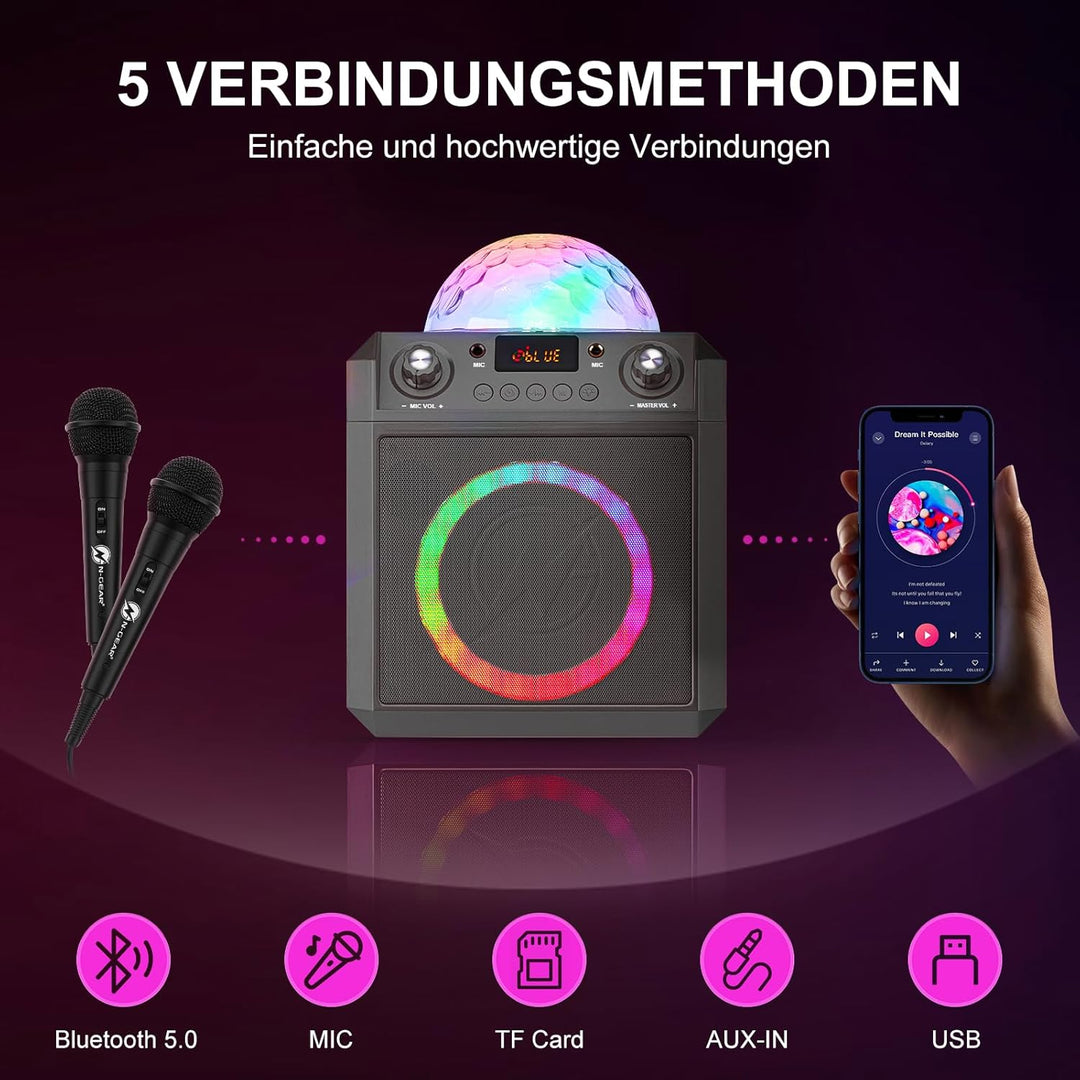 N-GEAR Block Party 602 Partybox und Karaoke Maschine – 100 Watt, 6 Stunden Akku, Party Discokugel Li