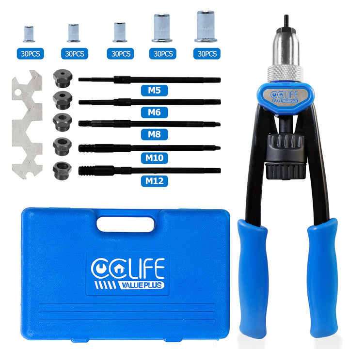 CCLIFE Profi Nietzange Set Nietmutternzange inkl. 150 Gewinde Nietmuttern aus Stahl in M5 M6 M8 M10