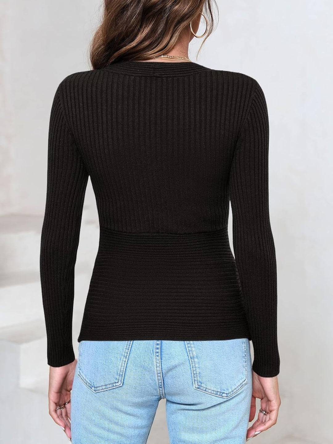 Wenrine Damen Langarmshirt V-Ausschnitt Wickel Sexy Pullover Slim Fit Gerippt Oberteile S Schwarz, S