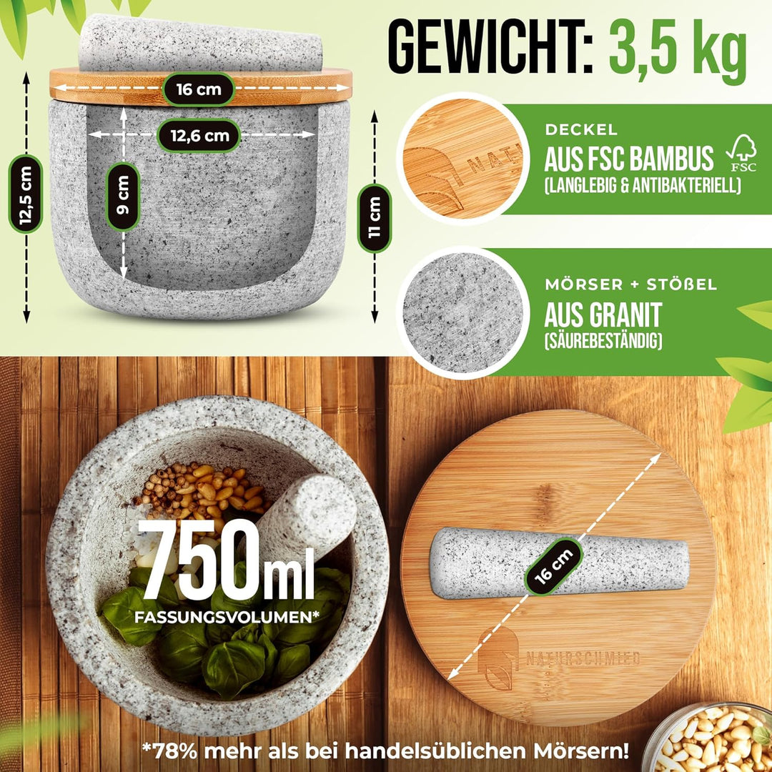 NATURSCHMIED Mörser mit Stössel & Deckel - AirProof 2.0 Verschluss + SolidStand Pad | 750 ml - Hellg