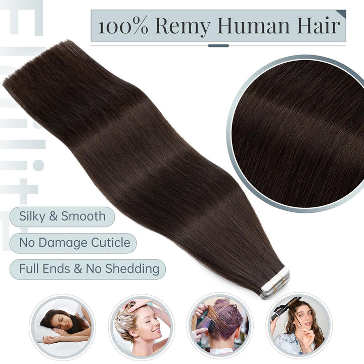 Elailite Tape in Extensions Echthaar Braun 20 Stück/Packung Real Human Hair, 40cm Indian Haar Invisi