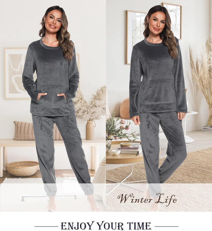 Lovasy Fleece Schlafanzug Damen Lang Winter Warmer Pyjama Set Flauschiger Frottee Schlafanzüge für D