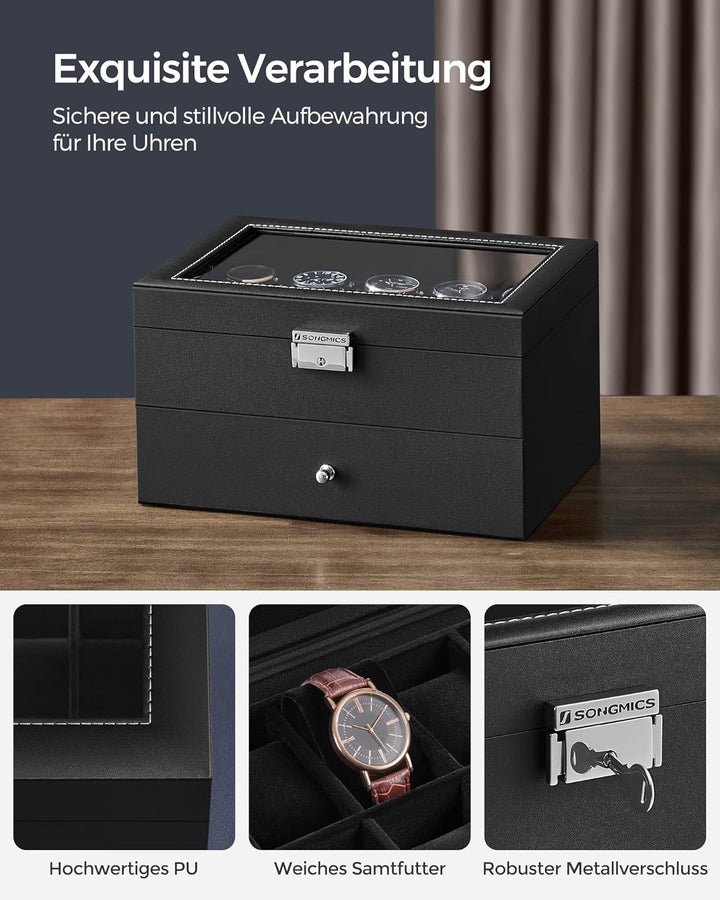 SONGMICS Uhrenbox, Uhrenkasten mit Glasdeckel, 2 Ebenen, Uhrenkoffer mit herausnehmbaren Uhrenkissen