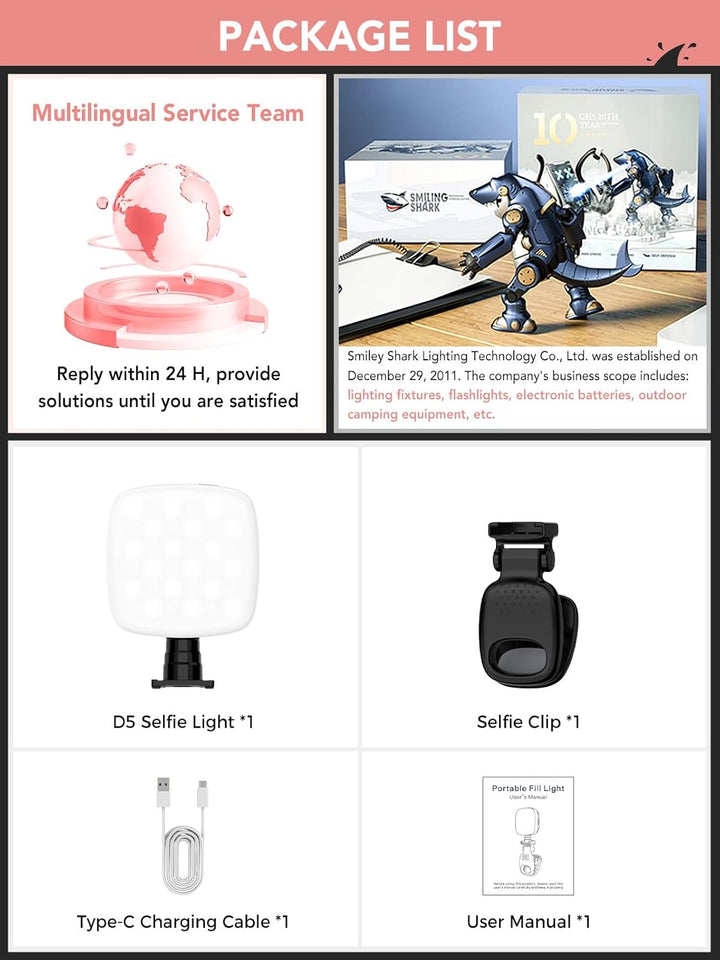 Smiling Shark Foto Licht Klein, Tragbar Selfie Licht mit Clip Wiederaufladbar CRI 90+ 9 Beleuchtungs