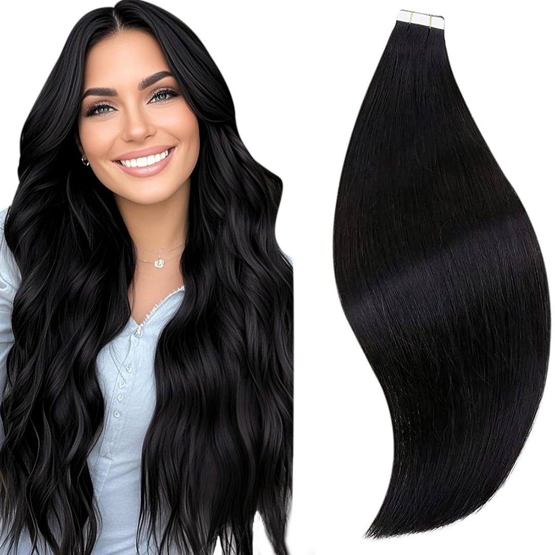 RUNATURE Unsichtbare Tape Extensions Echthaar Schwarz 50cm Haar Extensions Echthaar Tape Glatt Haarv