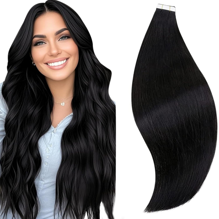 RUNATURE Unsichtbare Tape Extensions Echthaar Schwarz 50cm Haar Extensions Echthaar Tape Glatt Haarv
