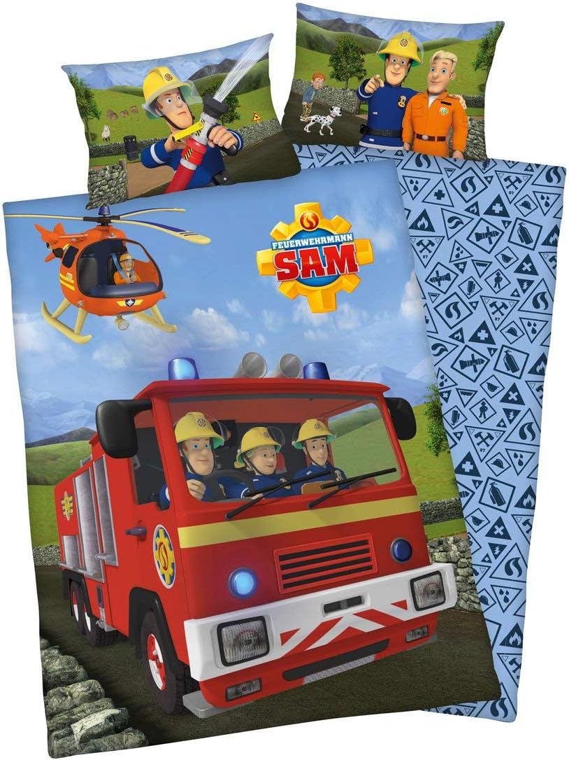 Herding FEUERWEHRMANN SAM Bettwäsche-Set, Wendemotiv, Kopfkissenbezug 40 x 60 cm, Bettbezug 100 x 13