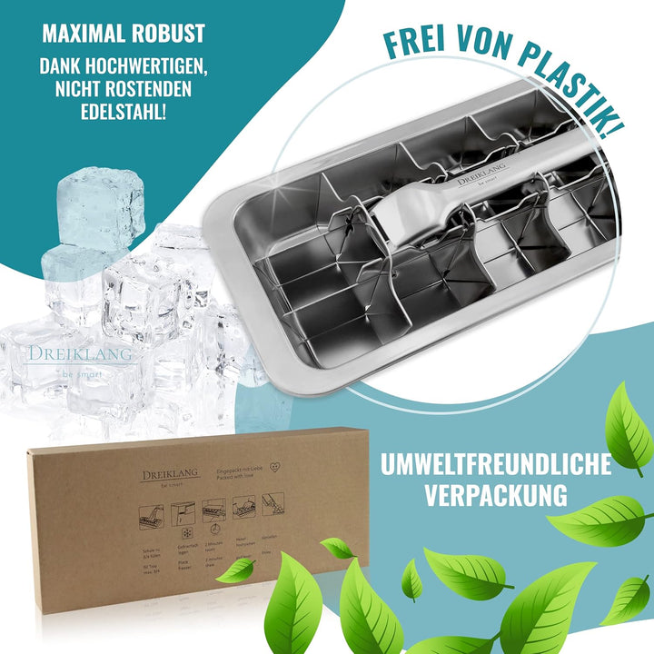 Dreiklang - be smart® Polierte 18/8 Edelstahl Eiswürfelform mit Hebeleinsatz für müheloses Entnehmen