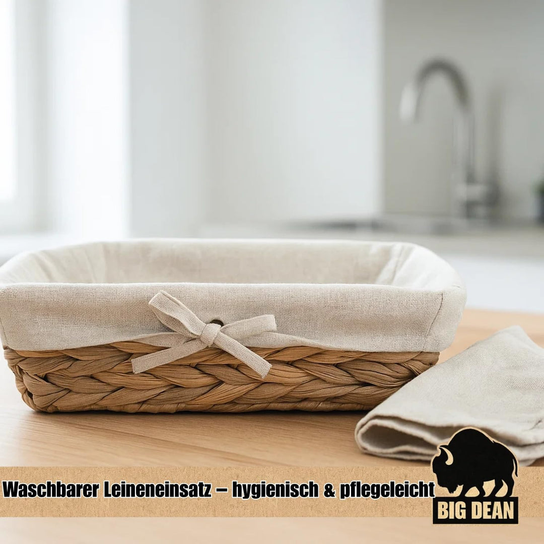 BigDean 3er Set Brötchenkorb Brotkörbchen Brotkorb modern geflochten aus Seegras mit Leinentuch