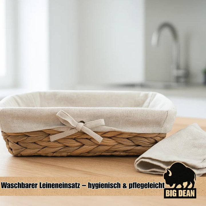 BigDean 3er Set Brötchenkorb Brotkörbchen Brotkorb modern geflochten aus Seegras mit Leinentuch