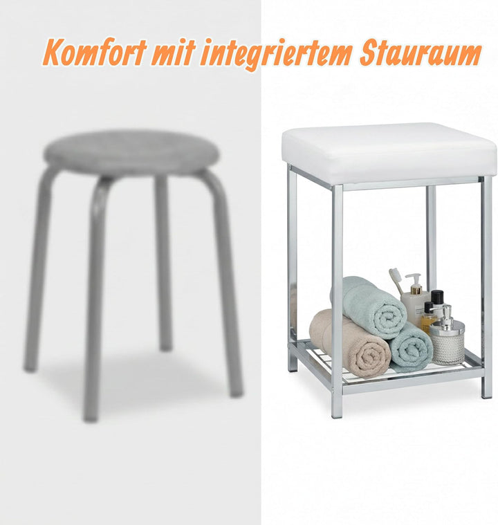 Relaxdays, weiss Hocker gepolstert, Kleiner Sitzhocker, Quadratisch, Polsterhocker mit Ablage, Badho