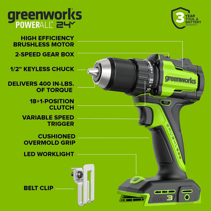Greenworks 24V Bürstenloses Bohrschrauber- &amp; Schlagschrauber-Set, 45 Nm + 220 Nm, Leicht, inkl. 2× 2