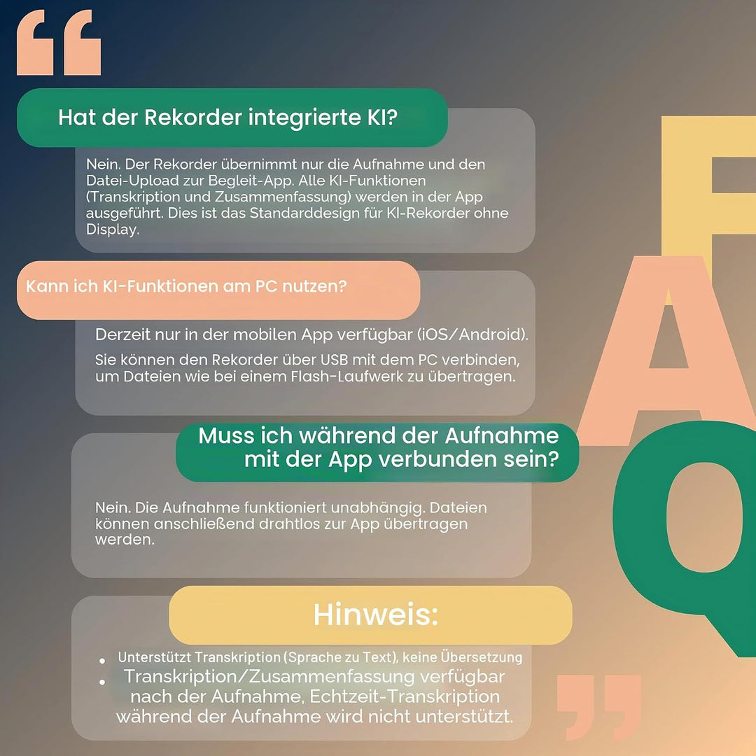 Diktiergerät mit APP für KI-Voice-to-Text-Transkription, GPT-4o-Zusammenfassung, Mind Mapping, 64 GB