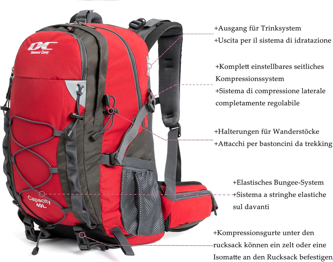 Wanderrucksack 40l Damen Herren Rucksack Wasserdicht Reiserucksack mit Regenschutz Rot, Rot