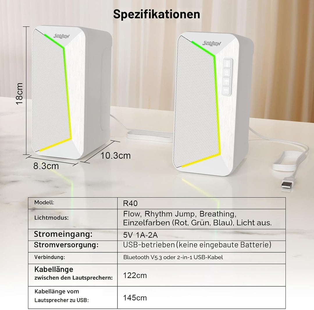 SOULION R40 Computerlautsprecher, 2.0 USB-betriebene PC-Lautsprecher, Desktop-Gaming-Boxen mit Lauts