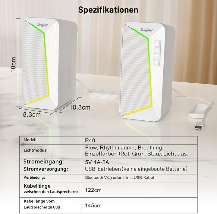 SOULION R40 Computerlautsprecher, 2.0 USB-betriebene PC-Lautsprecher, Desktop-Gaming-Boxen mit Lauts