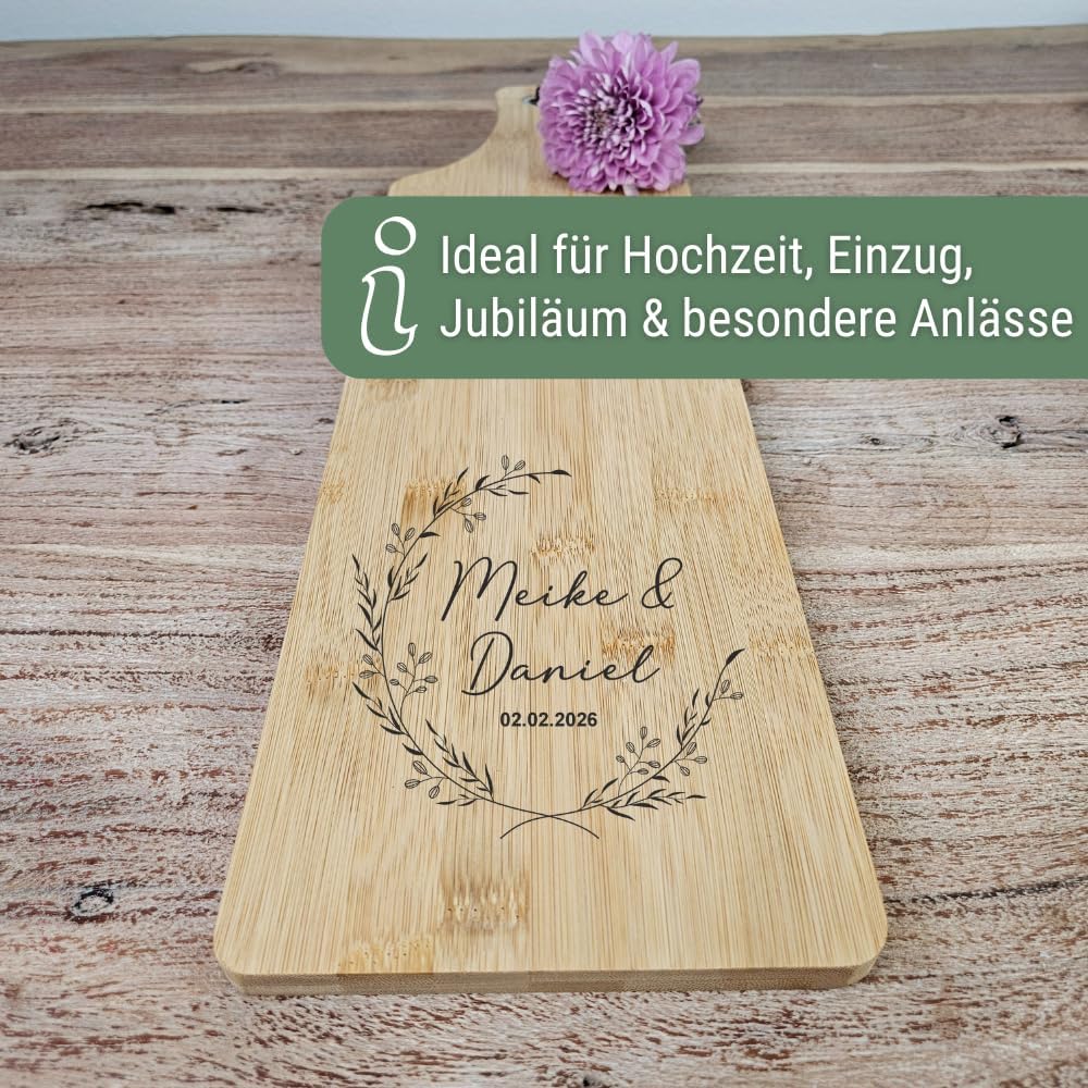 Schneidebrett personalisiert lang – Hochzeitsgeschenk Bambus mit Gravur – Holzbrett Hochzeit Namen &amp;