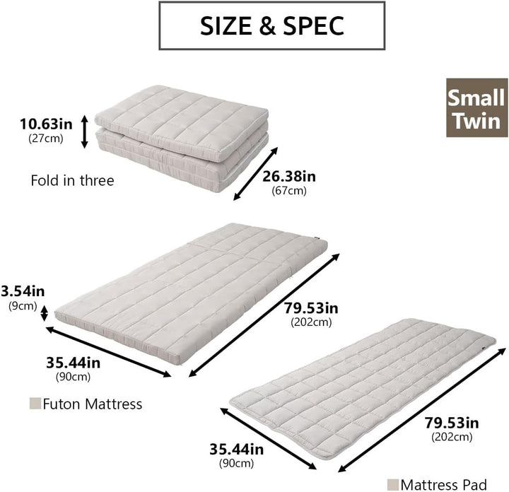 EMOOR Japanische Dreifach Gefaltete Futon-Matratze Machi mit Matratzenauflage 90 x 202 cm Grau, Zwic