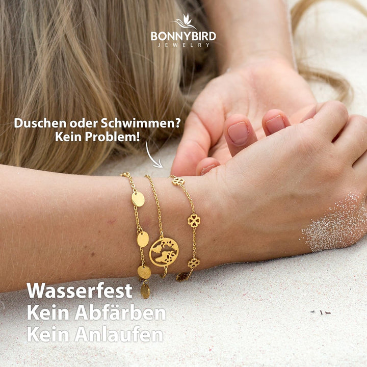 BONNYBIRD® Kleeblatt Armband Glücksbringer Prüfung aus Premium Edelstahl BonnyBliss, 100% Wasserfest
