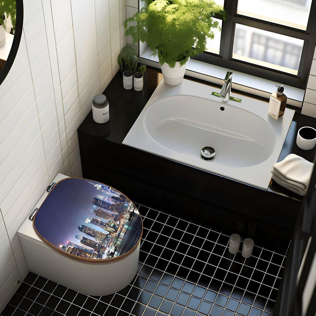 banjado® Design WC Sitz Bambus Absenkautomatik mit Motiv New York/Toilettendeckel mit Absenkautomati