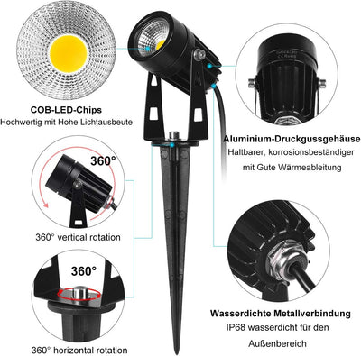 SanGlory 8er Set Gartenstrahler mit Erdspiess, 3W 2880 Lumen LED Gartenleuchte mit Stecker, IP65 Was