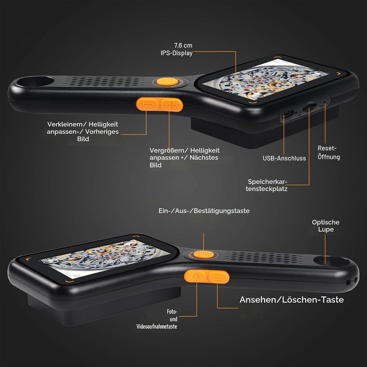 Tragbares 500-faches digitales Mikroskop mit 7,6 cm IPS-Bildschirm, 8 LED-Leuchten, Autofokus, 2-MP-