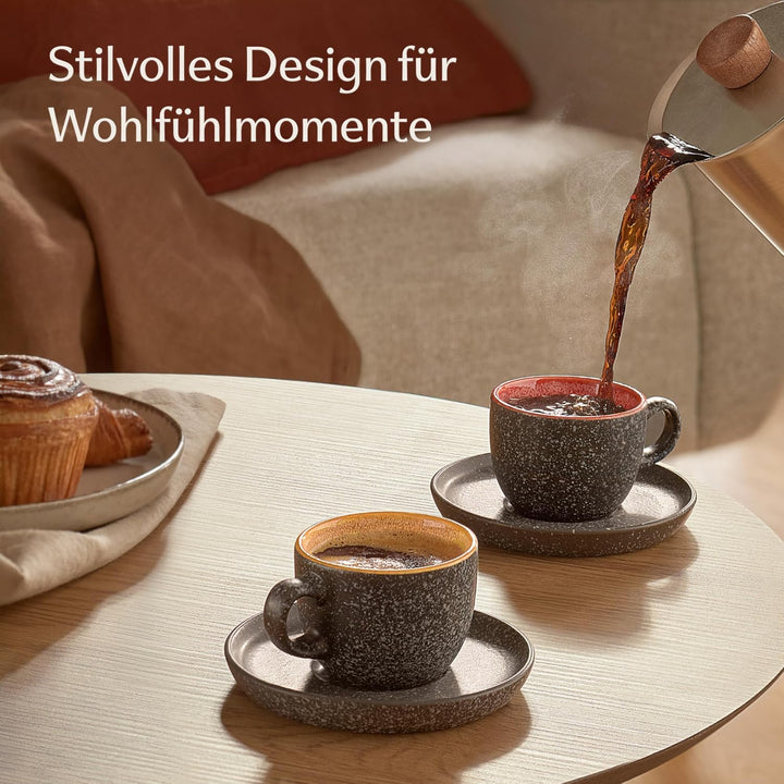 Cosumy 4er Set Espressotassen Bunt 90ml Steingut – mit Untertassen – Mokka | Handgefertigt mit reakt