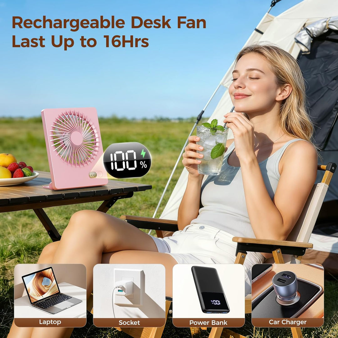 TriPole Leiser Tischventilator, 2000mAh USB Akkuventilator mit LED-Akkuanzeige, Laufzeit 6-16 Std, 3