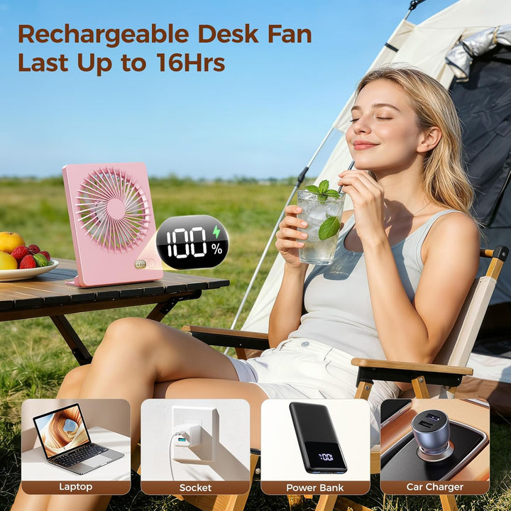 TriPole Leiser Tischventilator, 2000mAh USB Akkuventilator mit LED-Akkuanzeige, Laufzeit 6-16 Std, 3
