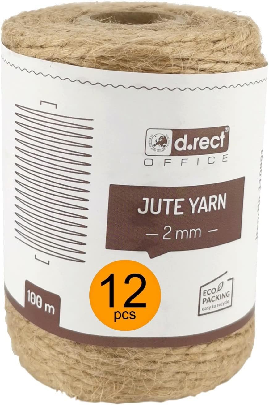 D.RECT 100m Jute-Schnur - 12 Stück | Natur Braun Jute-Kordel | Packschnur Geschenk-Band Bastelschnur