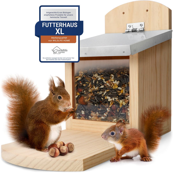WILDLIFE HOME Eichhörnchen Futterhaus XL mit Metalldach I Futterstation aus verschraubtem Massiv-Hol