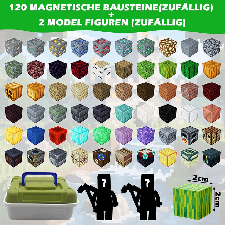 Lnxquizzic Magnetische Bausteine 120 Stück,2 Miner Figur,Zomblock Magnetblöcke für Kinder, Baue Mein