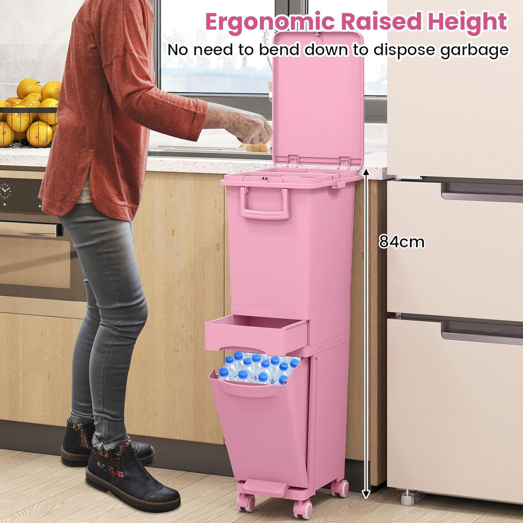 COSTWAY Mülleimer 3 Fächer, 32L Abfalleimer mit neigbarem Behälter, Schublade & Aufkleber, Tretmülle