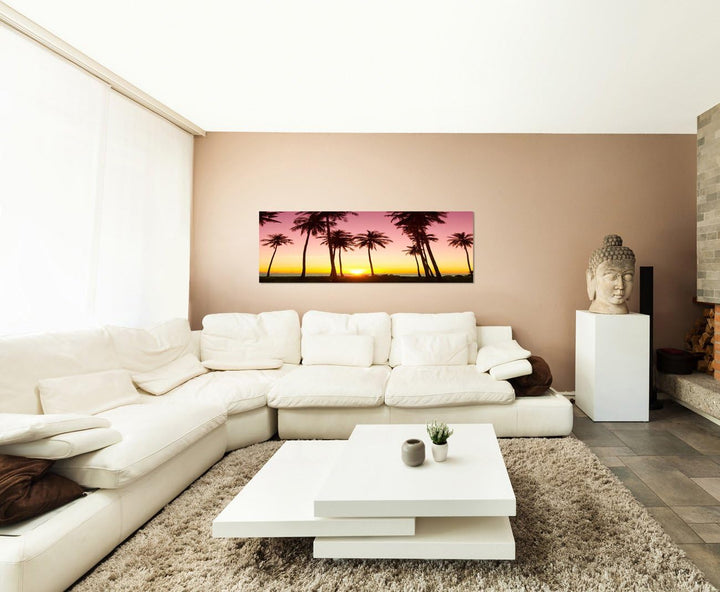Panoramabild auf Leinwand und Keilrahmen 120x40cm Meer Strand Palmen Sonnenuntergang