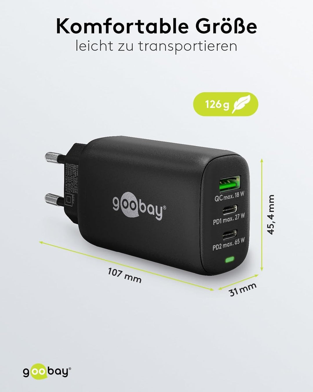 Goobay 65407 USB C Ladegerät Netzteil 65W Power Delivery PD Schnellladegerät/iPhone/Android/USB-C &amp;