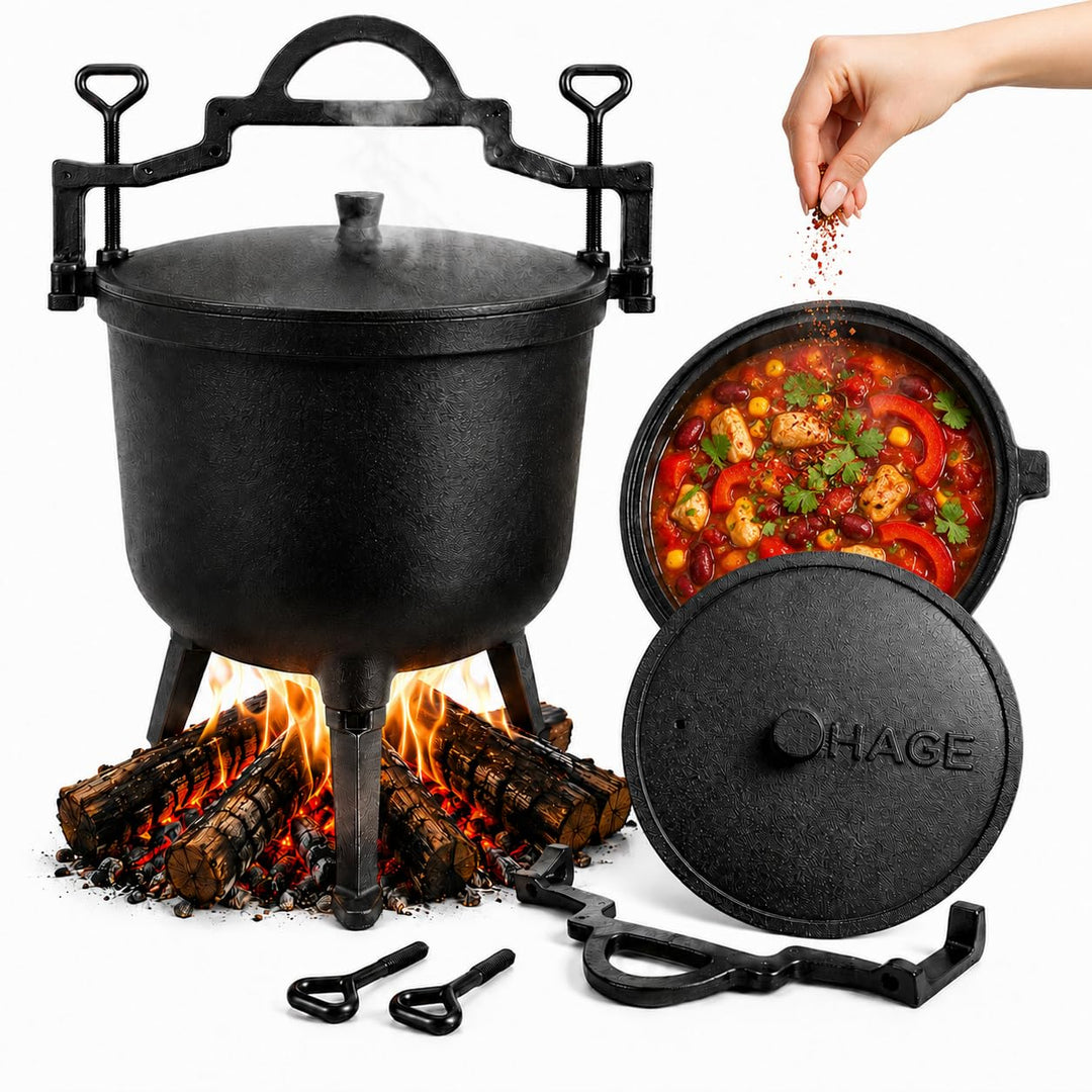 HAGE Gulaschkessel Gusseisen 4L mit Deckel und Standfüssen Dutch Oven Feuertopf für Lagerfeuer Grill