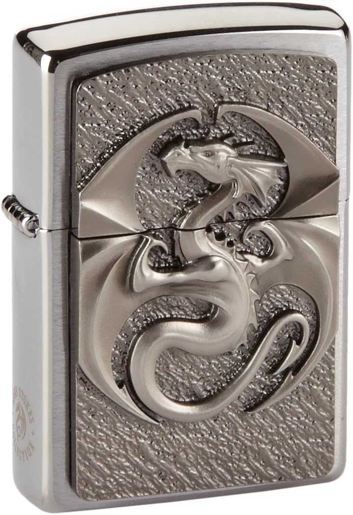 Zippo Feuerzeug 2002545 Dragon 3D Emblem Benzinfeuerzeug, Messing, Brushed Chrome, 1 x 3,5 x 5,5 cm