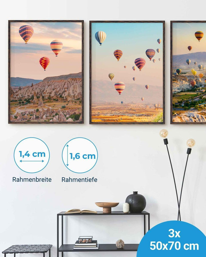 PHOTOLINI Bilderrahmen 50x70 Holz MDF Eiche Dunkel 3er Set, 50x70 cm Bilderrahmen gross, Rahmen 70x5