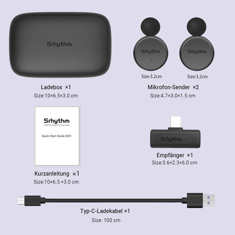 Srhythm M1 2 Pack Kabellose Lavalier-Mikrofone, Ansteckmikrofon, Geräuschminimierung, USB-C-Ausgang,