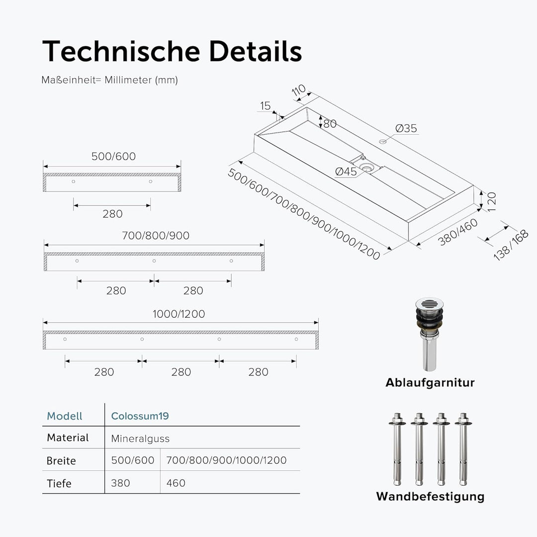 doporro Mineralguss-Waschbecken Hängewaschbecken Aufsatzwaschbecken mit Nano-Beschichtung inkl. Abla