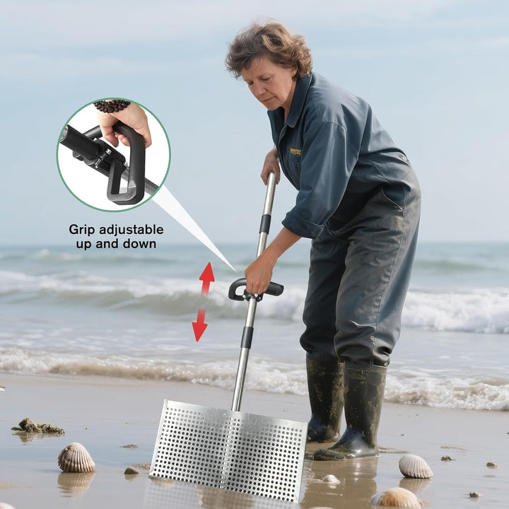 Sandflohharke, Sandsieb gross aus Edelstahl, Abnehmbarer 140 cm Langer Stiel Sand-Sieb mit rutschfes