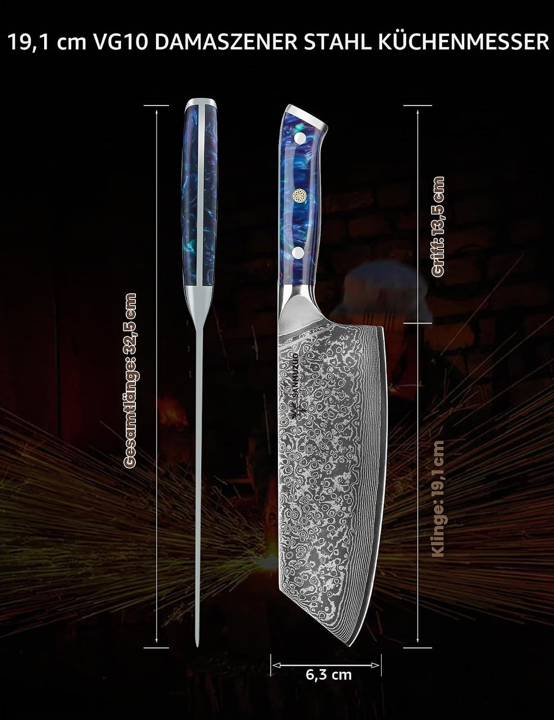 Nakiri Messer 19 cm Profi Küchenmesser Damastmesser, Xuan Serie, VG10 Damaskus Stahl Küchenmesser mi